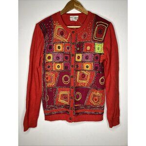 Colwater Creek Cardigan Knit Embroidered Sweater Red Women's XS